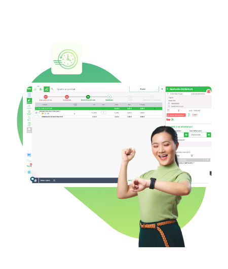 Interface logiciel smart rx et femme qui regarde sa montre