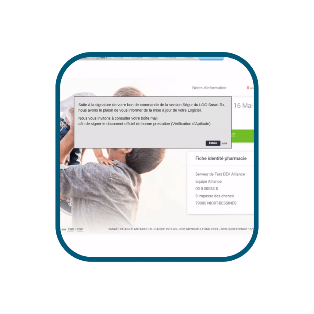 Aperçu du message de mise à jour sur l'écran du logiciel Smart Rx