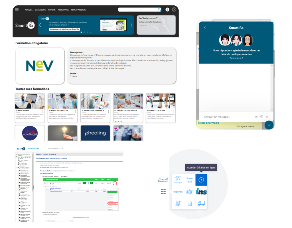 Montage de quatre capture écrans d'interfaces d'aide au logiciel smart rx
