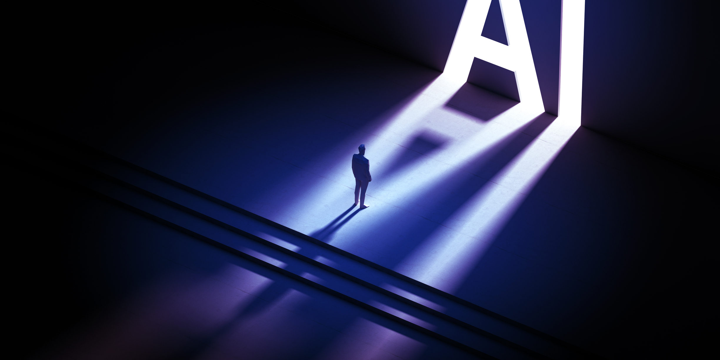 Homme dans la pénombre se dressant debout devant les lettres AI dans la lumière