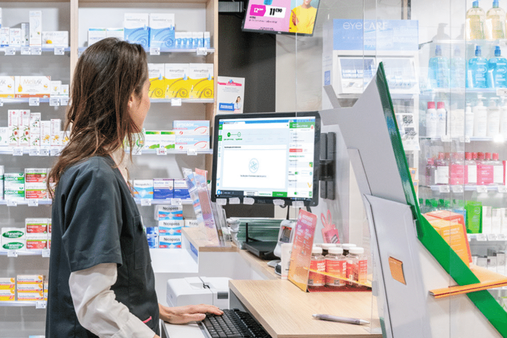Pharmacienne au comptoir avec le logiciel Smart Rx Ségur