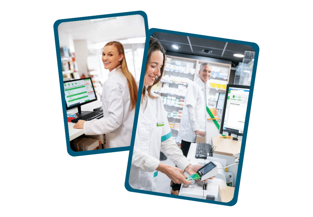 Pharmaciens Smart Rx au comptoir utilisant la fonctionnalité du logiciel Smart Rx pour connaître la disponibilité d'un produit et de ses équivalents