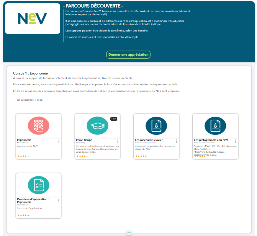 Cursus 1 sur l'ergonomie dans la plateforme e-learning nev Smart Rx