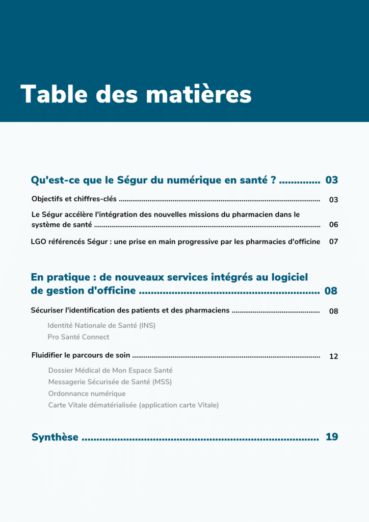 Table des matières ségur du numérique pour les officines