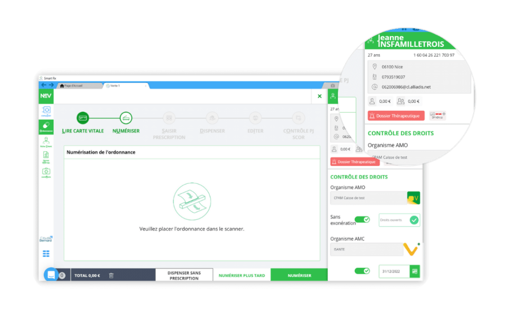 Aperçu de l'écran de suivi patient sur le nouvel espace de vente du logiciel smart rx (NeV)