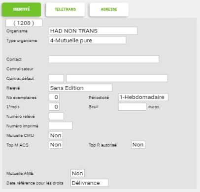 Interface de création d'organisme HAD dans le logiciel Smart Rx